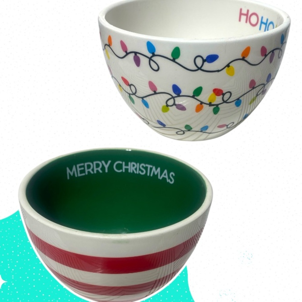 Christmas bowls white stripped and lights